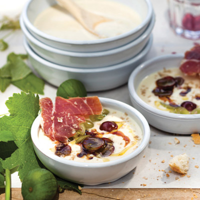 White almond gazpacho with grapes and Serrano ham