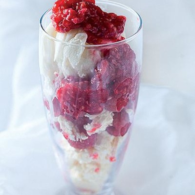 White chocolate wafer and raspberry sundae