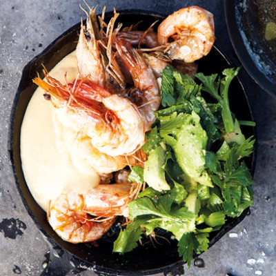 Wok-fried garlicky prawns with ponzu aioli and crunchy celery salad