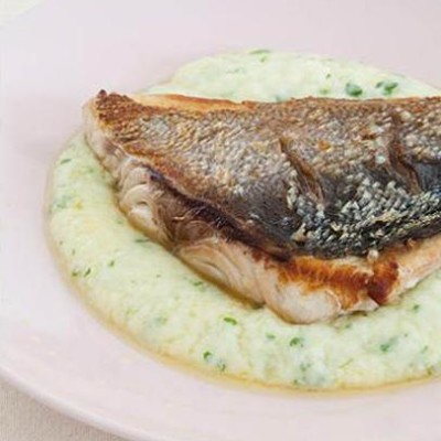 Zesty Skordalia mash with seared yellowtail fillet