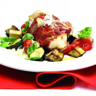 Prosciutto-wrapped chicken breasts stuffed with Grana Padano