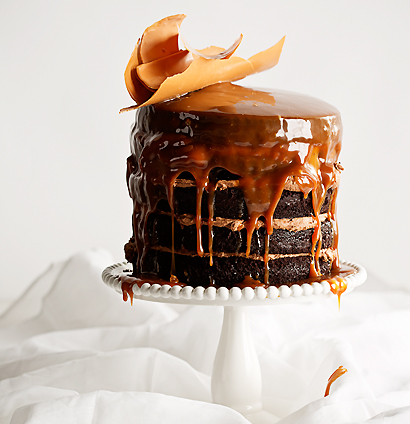 Milk stout-and-chocolate cake with butterscotch sauce, caramel chocolate shards and dark chocolate icing.