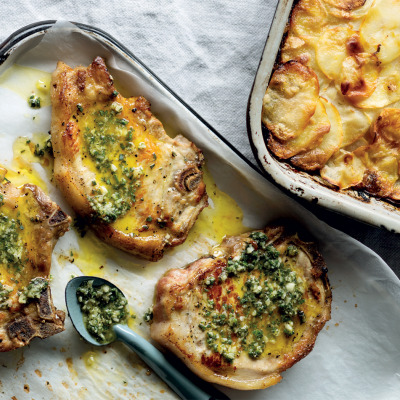 Pork loin chops with apple-and-potato bake