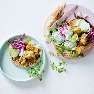 Pickled fish rotis with apple and beetroot raitas