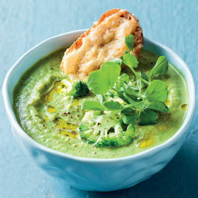 Broccoli soup with cheddar-and-mustard baguette