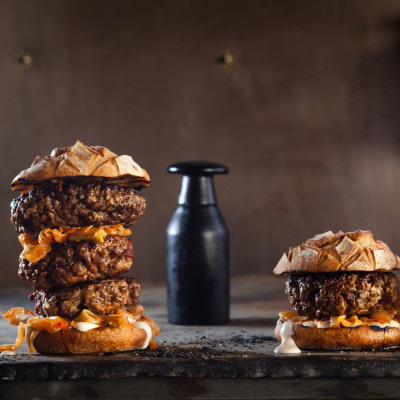 Hand-chopped burgers with kimchi