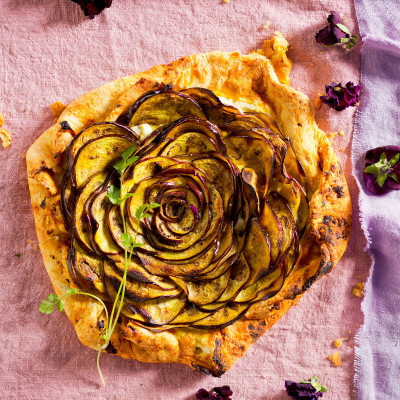 Brinjal, dhania and feta freeform tart