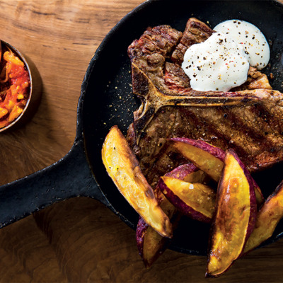 T-bone steak with buttermilk sauce and chakalaka