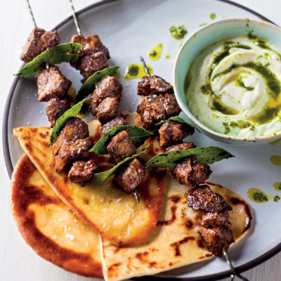 Korma lamb kebabs with coriander-yoghurt dip