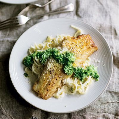 Pan-fried soles with parsley pesto and lemon-cream pasta