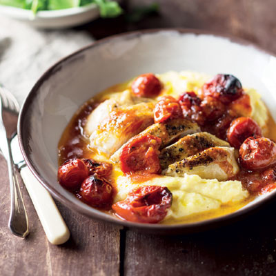 Roast chicken breast with cherry tomatoes