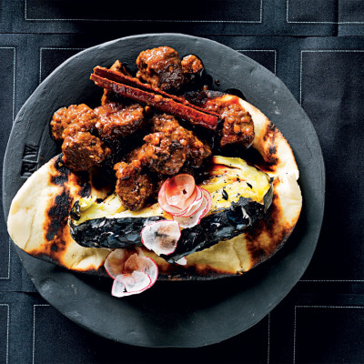 Venison stew with smoky brinjal and naan