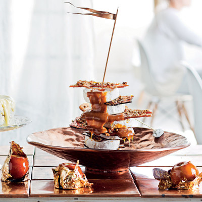 Camembert tower with butterscotch sauce and pecan sugar shards