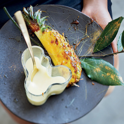 Caramelised pineapple with white chocolate ganache