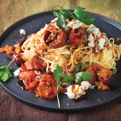 Olive, chorizo and cherry tomato pasta