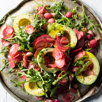 Pickled radish, avocado and rocket salad