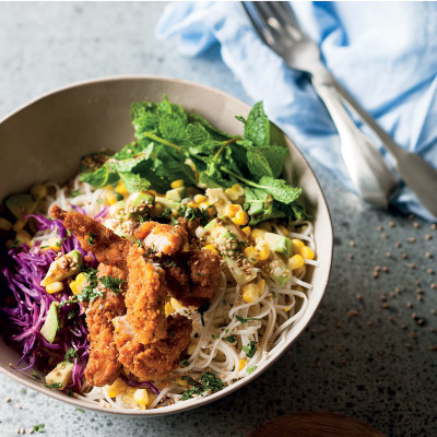 Asian noodle salad with crunchy chicken