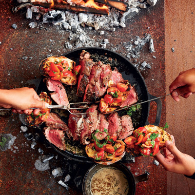 Caveman fillet with anchovy butter and tomato bruschetta