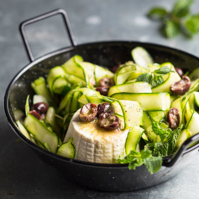 Marinated raw baby marrow, ricotta and olive salad