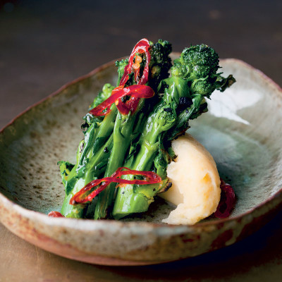 Purple sprouting broccoli with skordalia