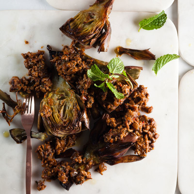 Roast artichokes with Korean Bolognese