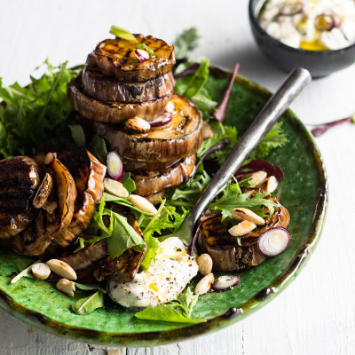 Roast brinjals with spring onion and garlic yoghurt