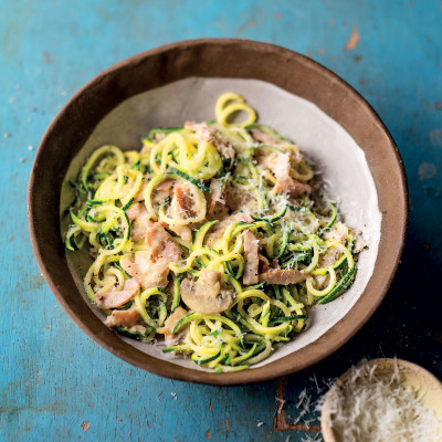 Baby marrow spaghetti with ham and mushrooms