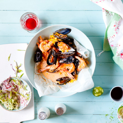 Steamed mussels and prawns with coconut broth