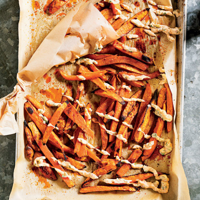 Roast sweet potato slap chips with sriracha tartare sauce