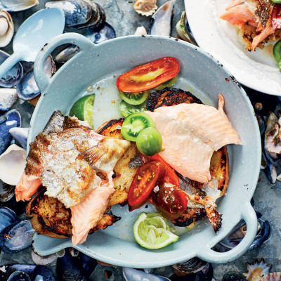 Smoky trout on charred toast with exotic tomato salad