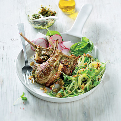 Pesto-stuffed lamb chops & baby marrow pasta