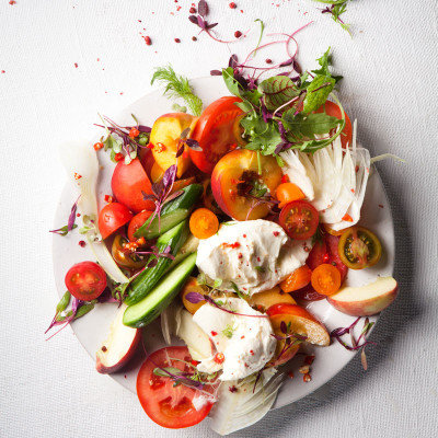 Tumbled tomato-and-peach salad