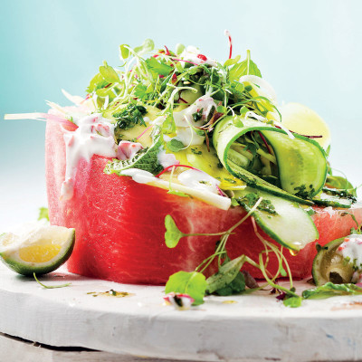 Juicy watermelon salad with cucumber and chilli yoghurt