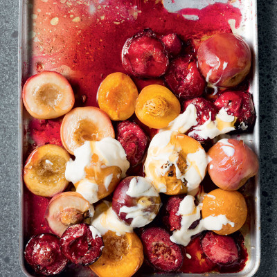 Roast stone fruit with honeyed cream