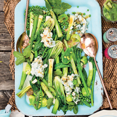 Greens with vino cotto and tzatziki