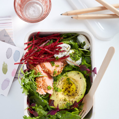 Flaked hot-smoked trout, avocado and salad