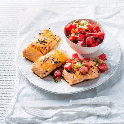 Seared salmon with watermelon salsa