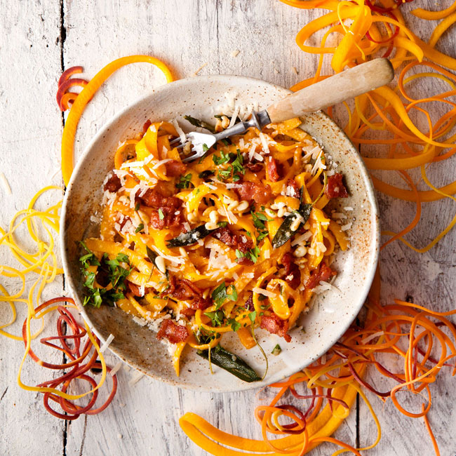 Pumpkin tagliatelle with bacon, sage butter and Parmesan