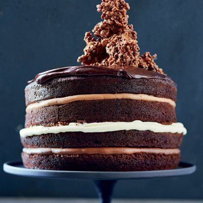 Choc-fudge layer cake with Rice Krispie clusters