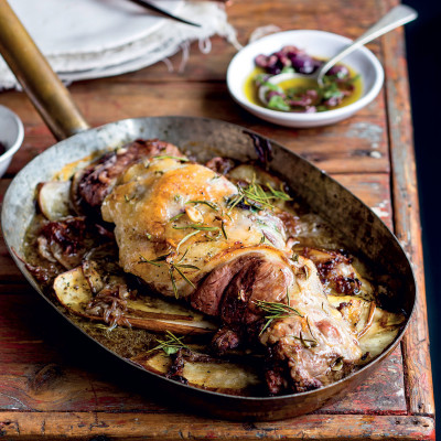 Butterflied rosemary lamb with brinjal and onion confit