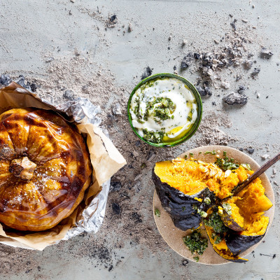 Braaied smashed pumpkin with salsa verde and yoghurt