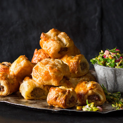 Moroccan sausage rolls with minty salsa