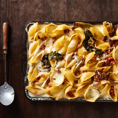 Baked conchiglie carbonara