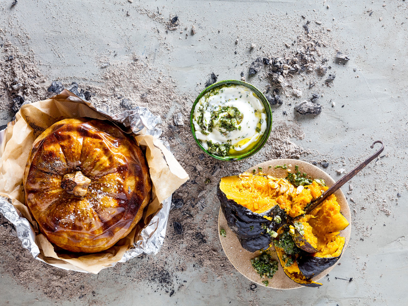 Braaied smashed pumpkin with salsa verde and yoghurt