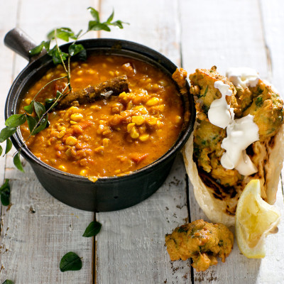 Indian corn dhal with chickpea fritters