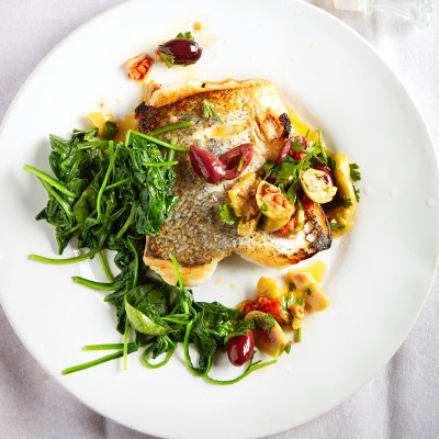 Pan-roasted hake with chilli and olives