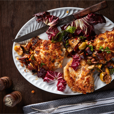 Parmesan-crumbed pork chops with caponata