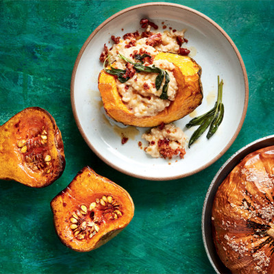 Risotto-stuffed squash with Parmesan and pancetta