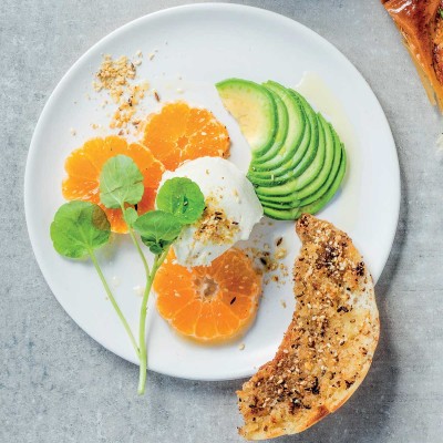 Avo-and-orange watercress salad with homemade labneh and crispy dukkah pita shards