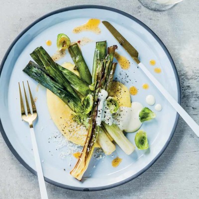 Creamy charred leeks and brussels sprouts with polenta and chilli oil